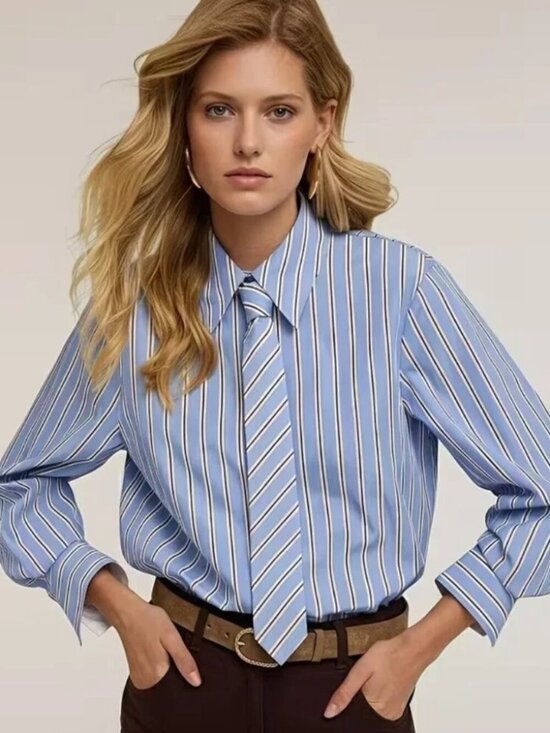 Tops - Collared Blue & White British Style Shirt Blouse With Tie